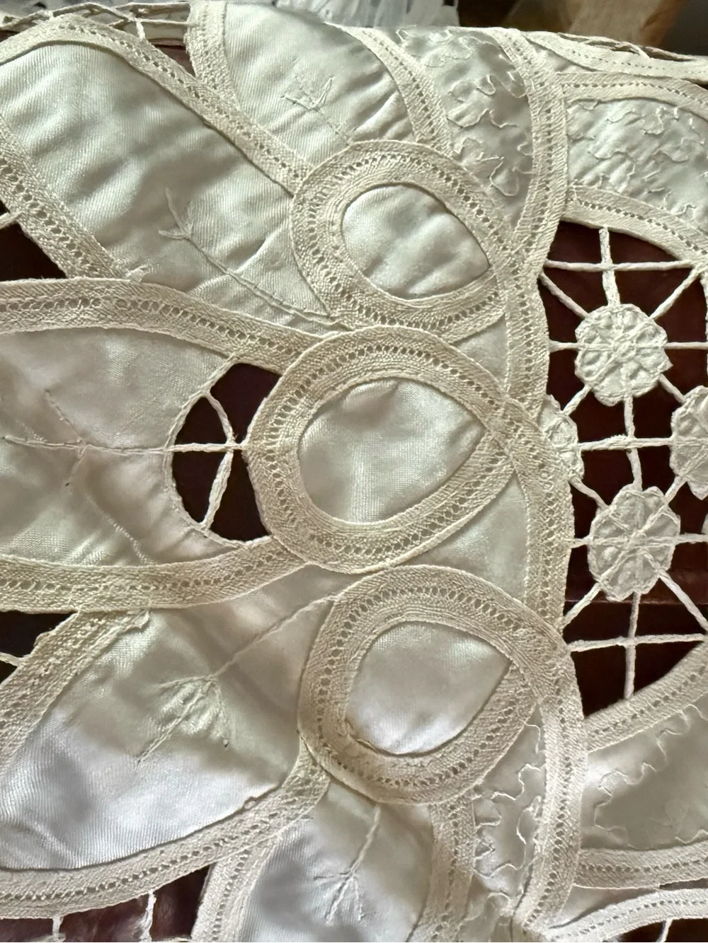 Battenberg Like Lace Tablecloth with Silk & Embroidered Lace - 34”square. Mint.